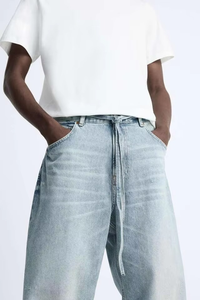 Ultra-Wide Leg <b>Bleached</b> Denim Baggy Jeans Men Light Blue Men's Straight-Leg Washed Cotton Jeans Heavyweight Streetwear Plus Size - Product Image 4