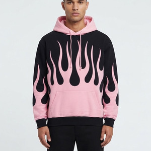 <b>Men's</b> Oversized Pink <b>Black</b> Flame Print Hoodie Cotton French Terry Streetwear Pullover <b>Sweatshirt</b> - Product Image 3
