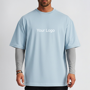 Camiseta de Algodón Azul Claro Extra Grande para Hombre, Cuello Redondo, Manga Corta, Informal, Transpirable, con Logotipo Estampado en la Parte Delantera, Nueva Llegada 2026 - Product Image 4