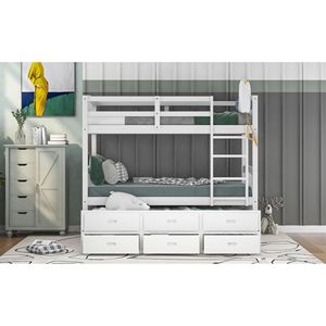 Letto a castello in legno bianco con due letti singoli, letto estraibile e cassetti - Prodotto per camere dei bambini - Product Image 5