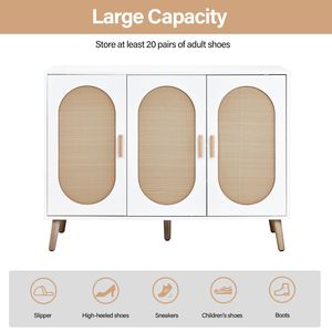 Armadio Alto a 3 Ante con Piano in Rattan Ovale, Struttura Bianca, Naturale, 113*40*83.5cm, in Truciolato, Scarpiera in Plastica - Product Image 4