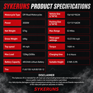 Sykeruns <span class=keywords><strong>X5</strong></span> 3000W Moto Électrique Tout-Terrain Haute Vitesse Entrepôt Américain Homologué<span class=keywords><strong>e</strong></span> EPA 70 km/h <span class=keywords><strong>E</strong></span>-Moto Idéale pour l'Aventure Hors Route - Product Image 6