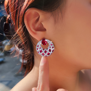 Moissanite <b>Red</b> Gemstone Hoop <b>Earrings</b> Round Statement <b>Earrings</b> Elegant Womens Jewellery Luxury Bridal Gift Fashion - Product Image 2