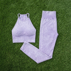 <b>Women</b> Lavender Acid Wash Yoga Set Halter Neck <b>Crop</b> Sports Bra High Waist Full Length <b>Leggings</b> Gym Fitness Activewear - Product Image 6