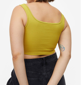 Women's Yellow Square Neck Ribbed Knit Crop Tank <b>Top</b> Casual Solid Color Sleeveless <b>Top</b> - Product Image 4