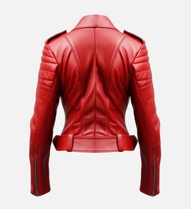 เสื้อแจ็คเก็ตบอมเบอร์หนัง PU สีแดงสำหรับผู้หญิง แขนยาว ปกคอพับ ปิดด้วยซิป ความยาวสั้น สไตล์ฤดูใบไม้ร่วง - Product Image 3