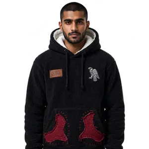 ACCEPT INDUSTRY Men's <b>Red</b> Fleece <b>Hoodie</b> With Black Flame Embroidery And Eagle Logo Front Pocket Casual Winter Wear - Product Image 2