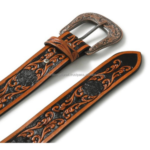 Highest Quality Hand Carved Stylish Engraved Tan Genuine Western Leather <b>Tooling</b> <b>Belt</b> for Unisex with Antique Floral Buckle - Product Image 5