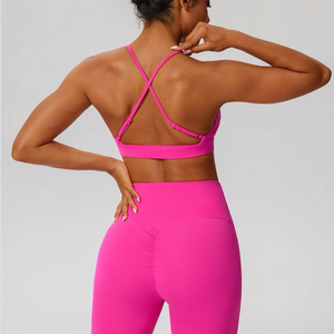 <b>Women</b> Seamless Deep V-Neck Sports Bra Spaghetti Strap Medium Support Yoga Fitness Top Pink - Product Image 3