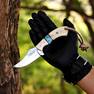 Cuchillo de caza vaquero artesanal con hoja de filo recto y punta caída, mango de hueso, funda de cuero, color naranja, grado industrial OEM/ODM - Product Image 3
