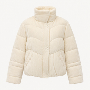 Chaqueta Acolchada de Forro Polar Crema con Cuello Alto y Cierre de Botones, Abrigo Corto de Invierno Casual Unisex, Relleno Grueso de Poliéster, Color Sólido - Product Image 3
