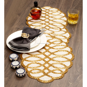 Handmade Cotton Beaded <b>Table</b> <b>Runner</b> Gold <b>White</b> Geometric Swirl Design for Wedding Christmas Banquet Home Dining Decoration - Product Image 2