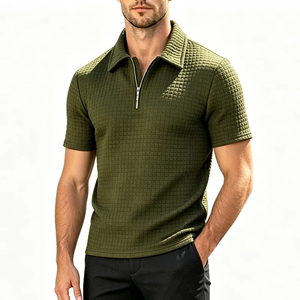 Men Waffle Textured Zip Polo Shirt Breathable Short Sleeve Collar <b>Top</b> Daily Business Casual Travel Outdoor <b>Walking</b> Holiday Tees - Product Image 1