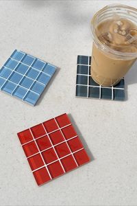 Sous-verres mosaïques vert, rose et marron, ensemble de sous-verres en verre, motif damier, tapis de table, support de boisson résistant à la chaleur, tapis pour tasse à café - Product Image 3