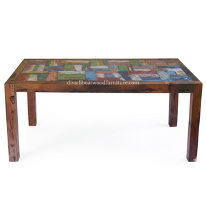 Table à manger DIVADI, modèle carré à pieds fixes, patchwork, bois de bateau recyclé, design durable, écologique, pour intérieur et extérieur - Product Image 3