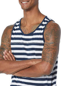 Men's Striped Sleeveless <b>Tank</b> <b>Top</b> O-Neck Knitted Casual Wear Navy <b>White</b> - Product Image 2