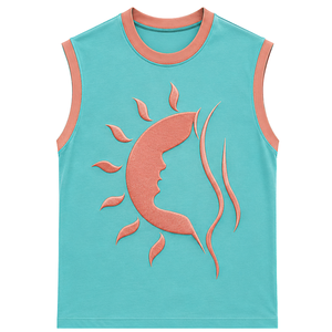 Camiseta sin Mangas Azul Turquesa con Diseño de Sol Bordado en Coral, Chaleco Casual de Verano para Mujer, Tops de Moda Personalizados OEM - Product Image 1