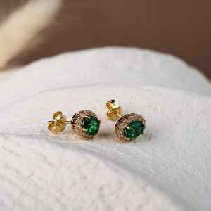 Boucles d'oreilles en émeraude véritable, émeraude de laboratoire, argent sterling 925, plaqué or 14 carats, bijoux en émeraude, cadeaux pour elle - Product Image 3