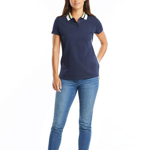 Polo pour femme bleu marine à manches courtes, couleur unie, en coton Oxford, coupe décontractée, longueur normale - Product Image 1