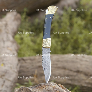 UA Supplies Industrial Grade Damascus Steel Folding Pocket Knife Hand Engraved Brass Bolster Handmade Micarta Handle OEM Private - Product Image 2