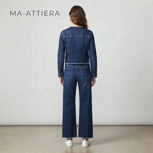 Conjunto de Chaqueta Vaquera Azul Oscuro y Jeans de Pierna Ancha para Mujer, Conjunto Casual de Dos Piezas, Ropa Vaquera a la Moda - Product Image 2