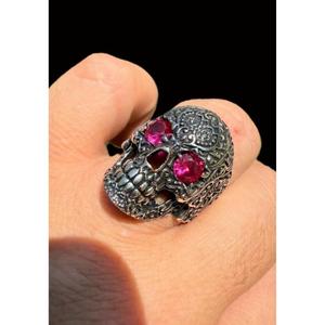 Heavy Oxidized 925 Sterling <b>Silver</b> Calavera <b>Ring</b> with Ruby Eyes Sugar Skull Hip Hop Gothic <b>Ring</b> <b>for</b> <b>Men</b> Accessories - Product Image 1