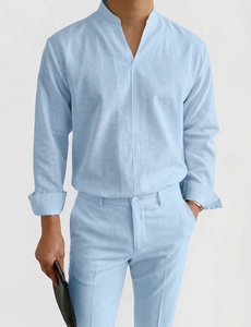 Camisa de Vestir para Hombre, Cuello Alto, Mezcla de Algodón, Manga Larga, Corte Entallado, Color Sólido, Transpirable, Informal de Negocios, para Oficina - Product Image 1