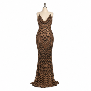 Luxury Brown Beaded Embroidery Mermaid Evening Gown Women | Spaghetti Strap Modern Formal Maxi Dress | Elegant Prom Wedding - Product Image 1