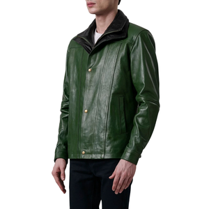 Veste en cuir véritable vert foncé pour homme, col montant, fermeture éclair intégrale, coupe classique, vêtement d'extérieur décontracté et tendance de qualité supérieure - Product Image 1