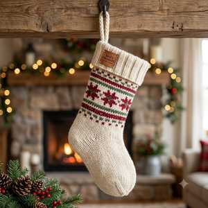 Calcetín navideño tejido a mano con diseño de copo de nieve Fair Isle, calcetín colgante para las fiestas con puño de piel sintética, rojo y verde tradicionales. - Product Image 4
