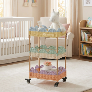 Handcrafted 3-Tier Scalloped Rattan Rolling Cart Multi-Color Woven Kids Nursery Utility Cart with Wheels for Kitchen Living Room - Product Image 4