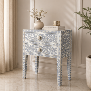 Bone Inlay Nightstand 2 <b>Drawer</b> <b>Side</b> Table Floral Inlaid Bedside Cabinet for Living Room Bedroom - Product Image 2