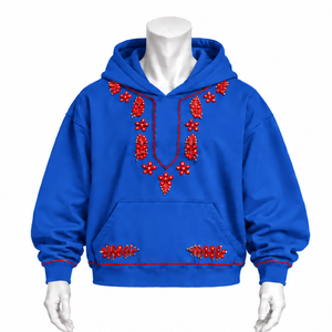Royal Blue Indus Embroidered Pullover <b>Hoodie</b> Decorative Floral <b>Stitching</b> Kangaroo Pocket Relaxed Casual Streetwear Winter - Product Image 1