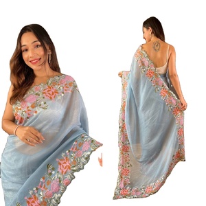High-Demand Fatema Fashion High Quality <b>Designer</b> Soft Glossy Silk Saree Embroidery Work Indian Traditional Wedding Party Wear - Product Image 1