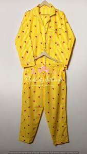 Premium Women Yellow White Vertical Striped Breathable Eco-Friendly Cotton Pajama Set Full Sleeve Button-<b>Down</b> Shirt Elastic - Product Image 5
