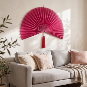 Éventail mural en bambou tressé à la main, rose, grand motif soleil, avec pompon, pour décoration intérieure bohème moderne et espaces hôteliers - Product Image 6