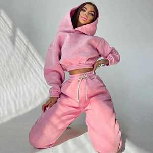 Conjunto de Sudadera Corta con Capucha Oversize y Pantalones Jogger para Mujer, Chándal Liso con Hombros Caídos - Product Image 2