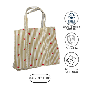 Sustainable Quilted Cotton Tote <b>Bag</b> Handmade Jaipur Block Print Fashion <b>Bag</b> Yellow Red Heart Office Casual Outings Travel Unisex - Product Image 3