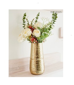 Modern Embossed Gold Metal Vase - Elegant Textured Cylindrical Decorative Tabletop Vase for Faux Roses Bouquet, Wedding Gift - Product Image 1