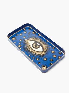 Rectangular Metal <b>Serving</b> Plate With Floral Pattern Color Enamel Bohemian Design <b>Gold</b> Trim - Product Image 1