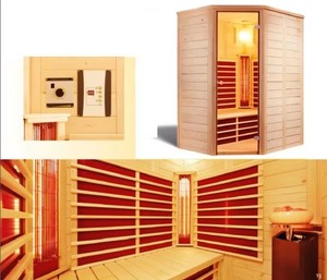 Cabine de sauna infrarouge d'angle moderne, salle de <span class=keywords><strong>spa</strong></span> intérieure pour 2 personnes avec bois de pin clair, porte en verre et chauffages intégrés pour le corps entier - Product Image 4