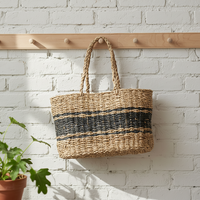 Panier en jonc de mer tressé à la main avec poignée, panier de rangement naturel tissé pour le shopping, la plage et la maison