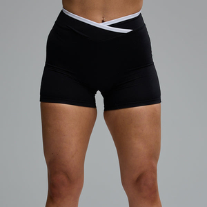 Shorts Deportivos de Cintura Alta Cruzados para Mujer, Pantalones de Yoga Negros, Transpirables, de Punto, con Spandex, Nailon y Cintura Elástica - Product Image 3