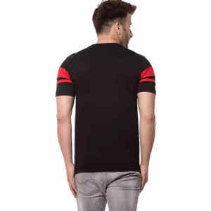 T-shirt à manches courtes pour homme, col rond, coupe classique, tricoté, bordure contrastée, style décontracté, noir et rouge, couleurs contrastées - Product Image 2