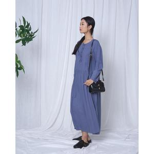 Women Blue Linen Maxi <b>Dress</b> O-Neck Long Sleeve <b>Loose</b> Fit Button Front Solid Color All Seasons Casual <b>Dress</b> - Product Image 6