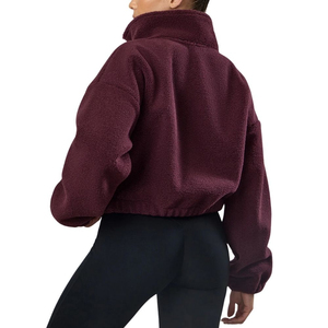 Burgundy Fleece <b>Jacket</b> Women Stand Collar Zipper Closure <b>Short</b> Length Full <b>Sleeve</b> Solid Color Autumn Wear - Product Image 4