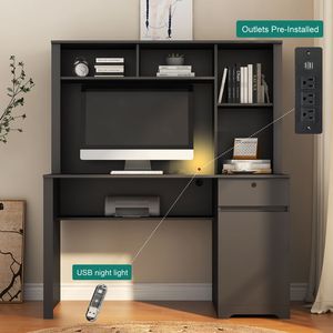 Executive Wood <b>Computer</b> <b>Desk</b> with Hutch Bookshelf 3 AC Drawers for Teens Student Writing & Home Office Laptop Friendly - Product Image 2