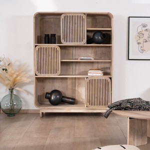 Bibliothèque minimaliste style Vandana Royal Balance en bois de manguier avec portes coulissantes ajourées - Product Image 1
