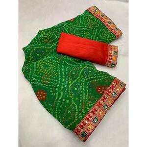 SÉQUENCE DE DESIGNER GEORGETTE AVEC BRODERIE TRAVAIL SAREE AVEC CHEMISIER NON COUDU VERT - Product Image 1