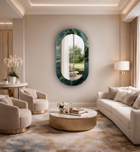 Premium Oval Long Mirror With Marble Style Green <b>Frame</b> Perfect For Dressing Area And Home Styling Handcrafted From India - Product Image 6